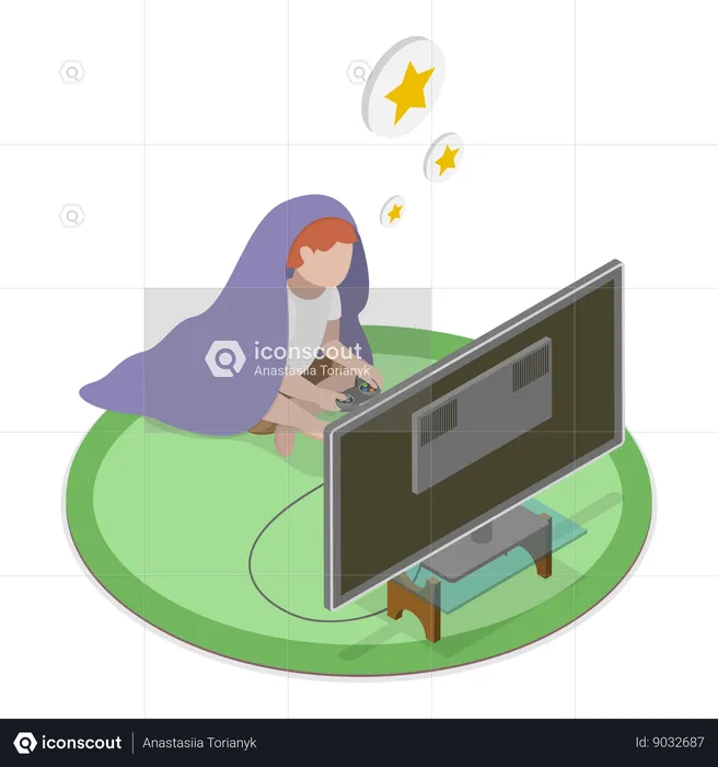 Boy playing video game at home  Illustration