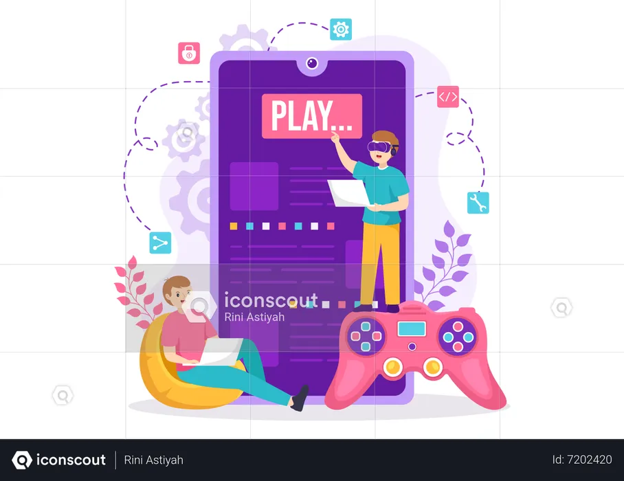Boy playing Video Game in mobile  Illustration