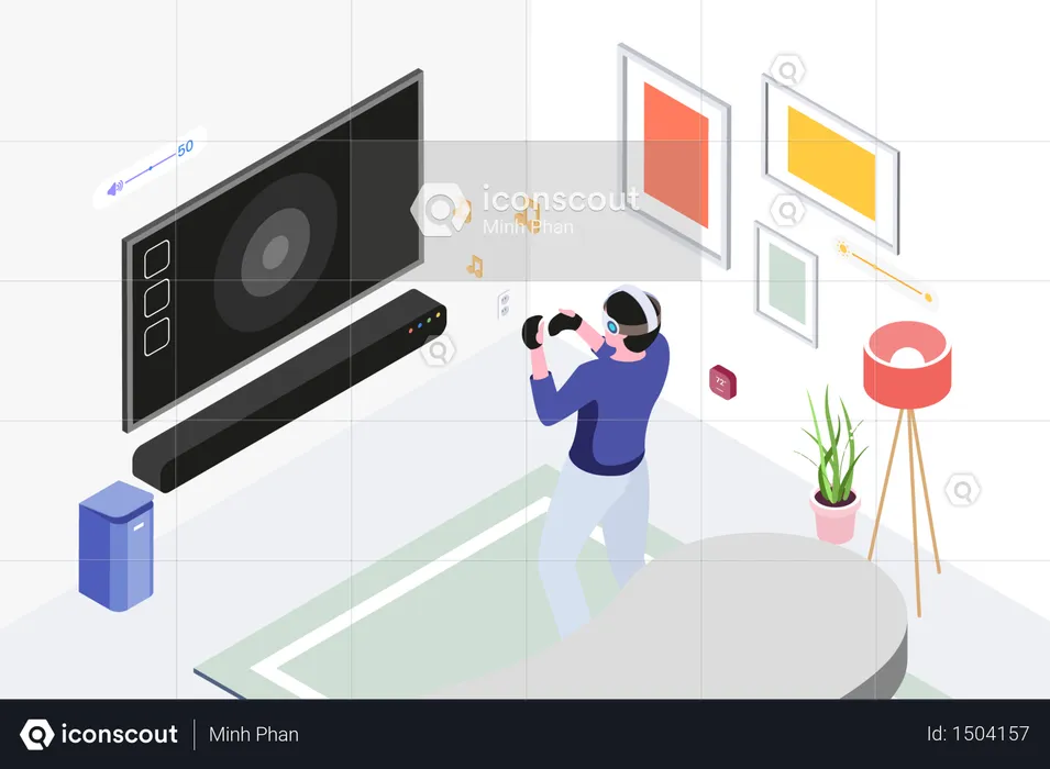 Boy playing video game using vr play station at living room  Illustration
