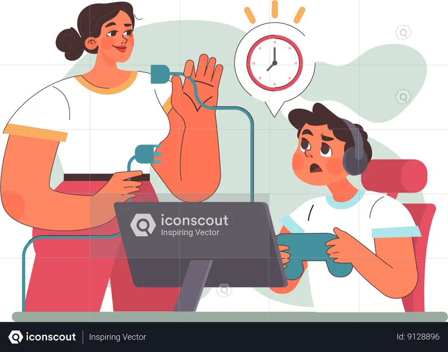 Boy playing video game while mother disconnect desktop  Illustration