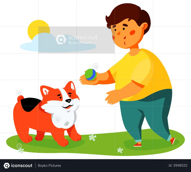 Boy playing with a dog  Illustration