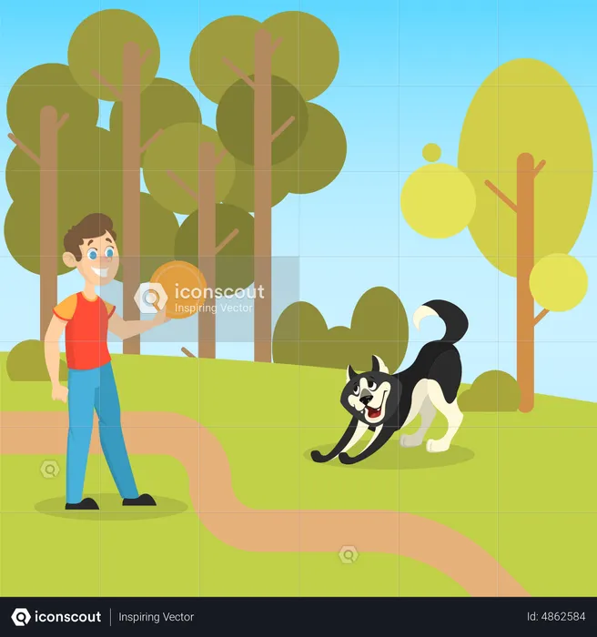 Boy playing with his pet dog in the park  Illustration