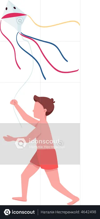 Boy playing with kite on beach  Illustration
