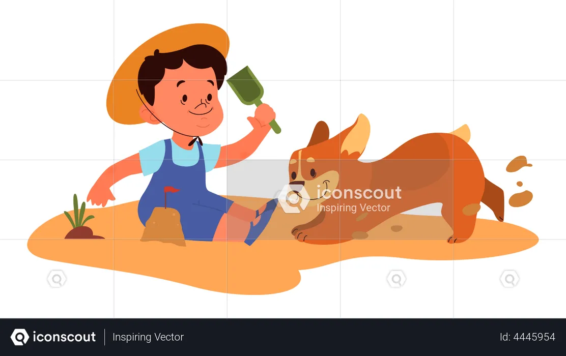 Boy playing with pet dog at the beach  Illustration