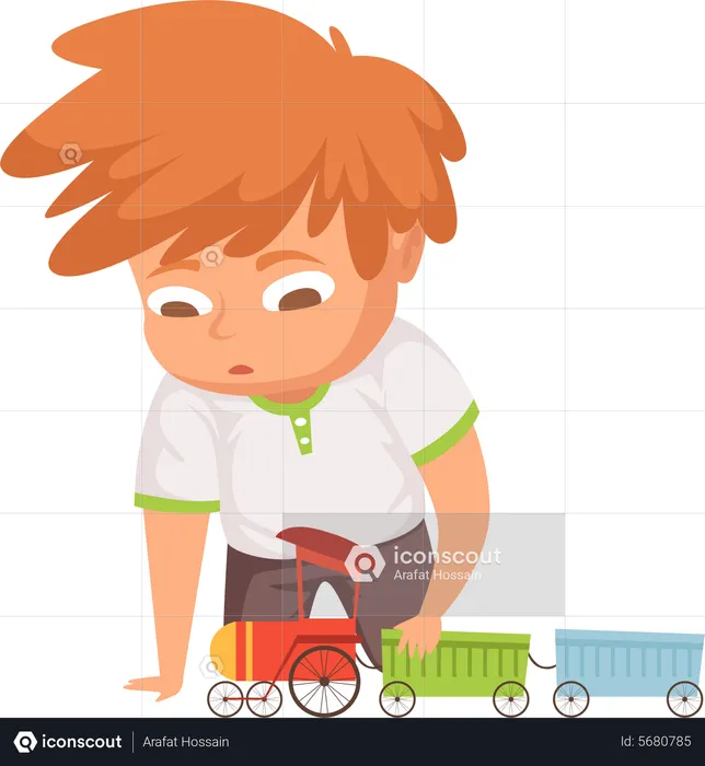 Boy playing with train toys  Illustration