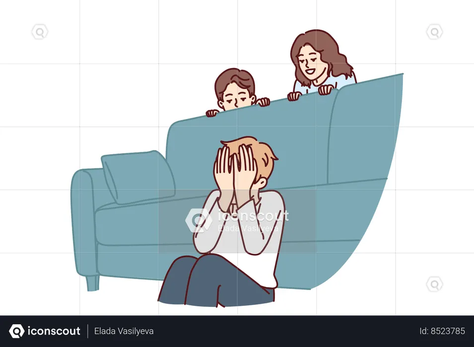 Boy plays hide and seek with friends  Illustration