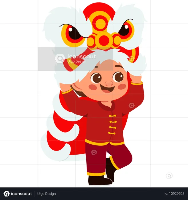 Boy plays lion dance on lunar new year  Illustration