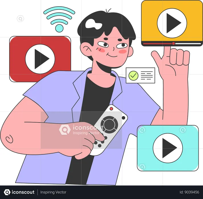 Boy plays online video button  Illustration