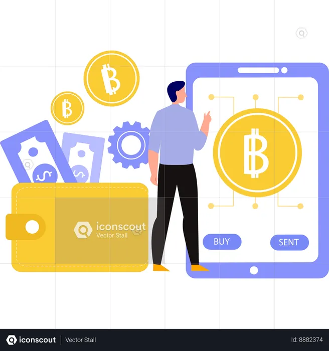 Boy pointing at bitcoin on mobile phone  Illustration