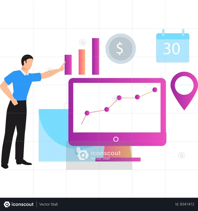 Boy pointing at business analytics  Illustration