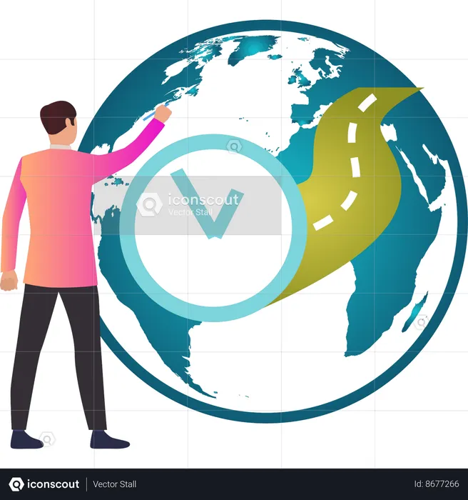 Boy pointing at different time zone globally  Illustration