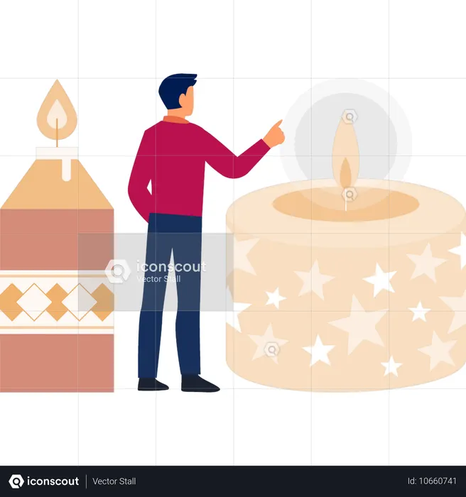 Boy pointing at flickering candles  Illustration