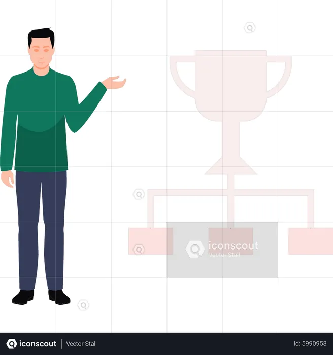 Boy pointing at gaming trophy  Illustration