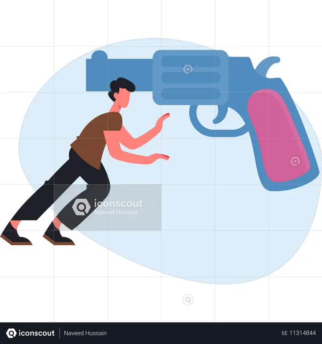 Boy pointing at gun  Illustration