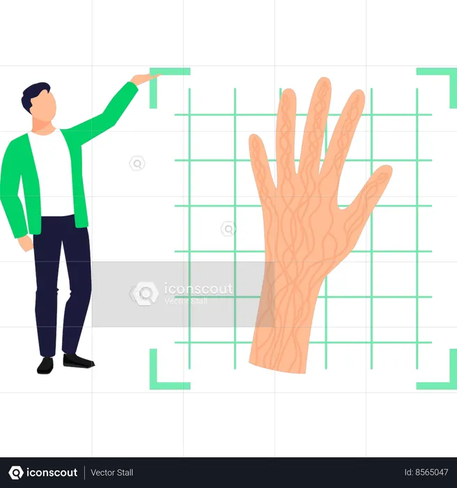 Boy pointing at handprint biometric  Illustration
