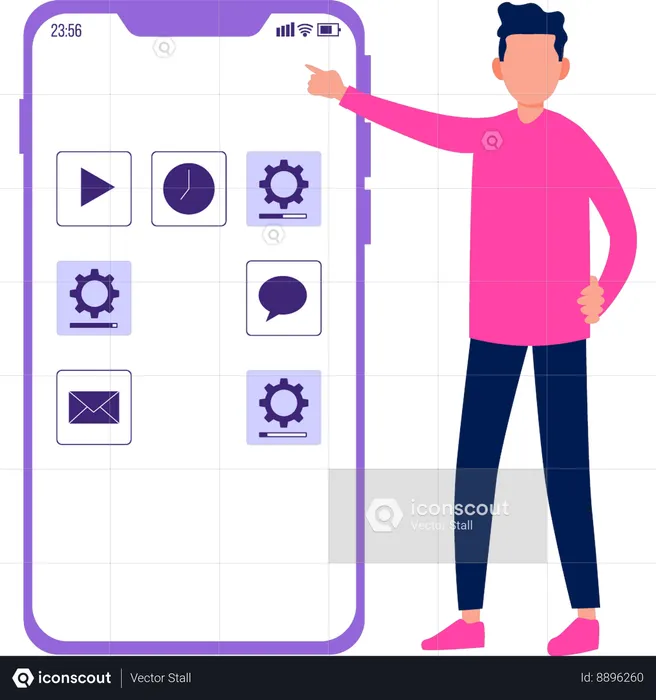 Boy pointing at mobile setting  Illustration