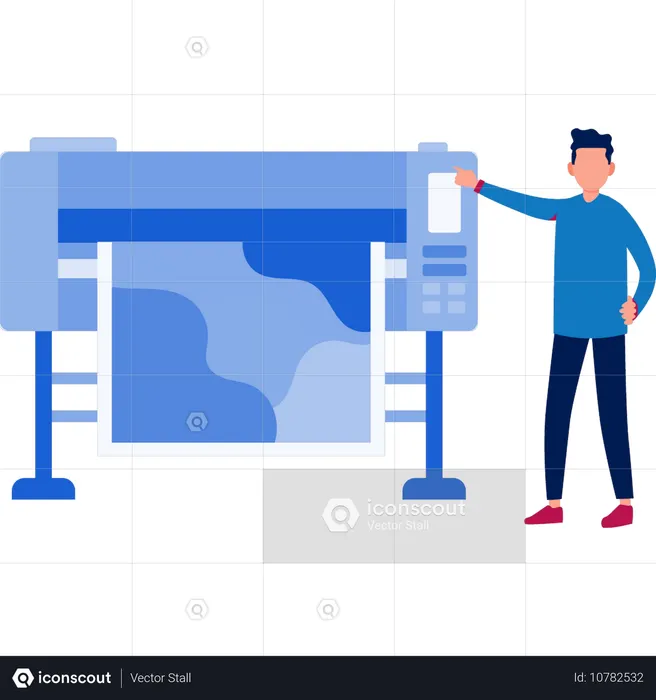 Boy pointing at paper of printer machine  Illustration