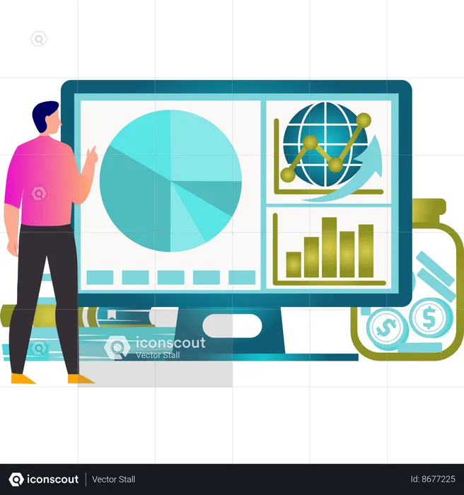 Boy pointing at pie chart on the screen  Illustration