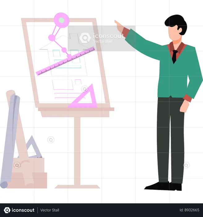 Boy pointing at sketching tools  Illustration