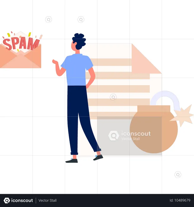 Boy pointing at spam Emails  Illustration