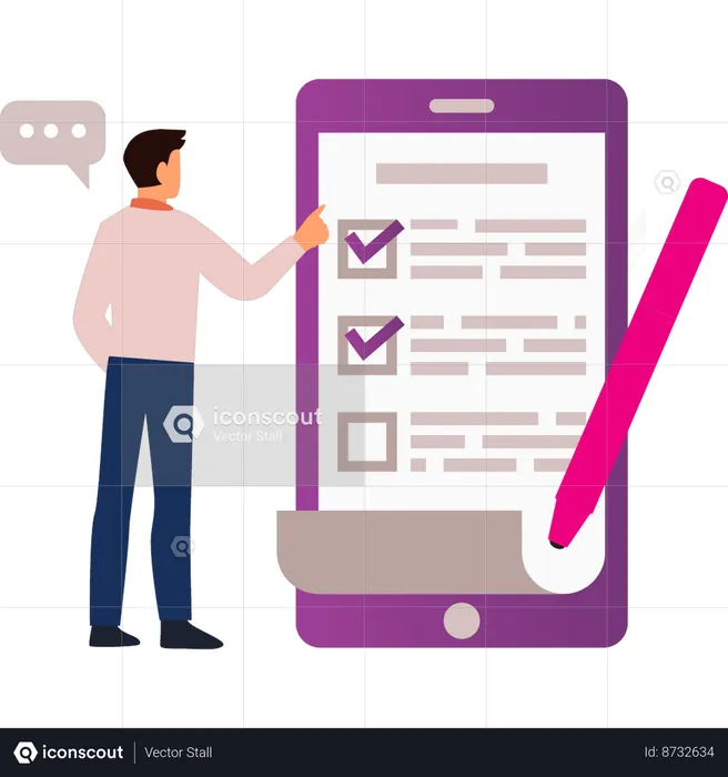 Boy pointing at the marked list on the mobile  Illustration