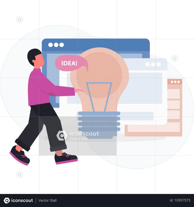 웹페이지 아이디어를 가리키는 소년  일러스트레이션