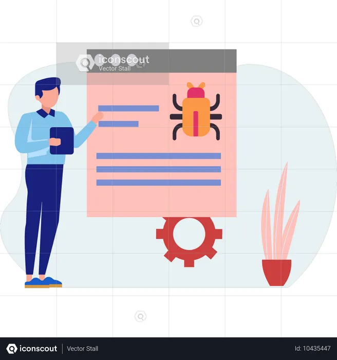 Boy pointing  bug virus in webpage  Illustration