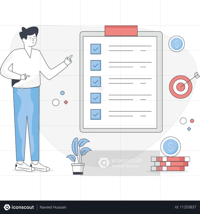 Boy pointing clipboard list  Illustration