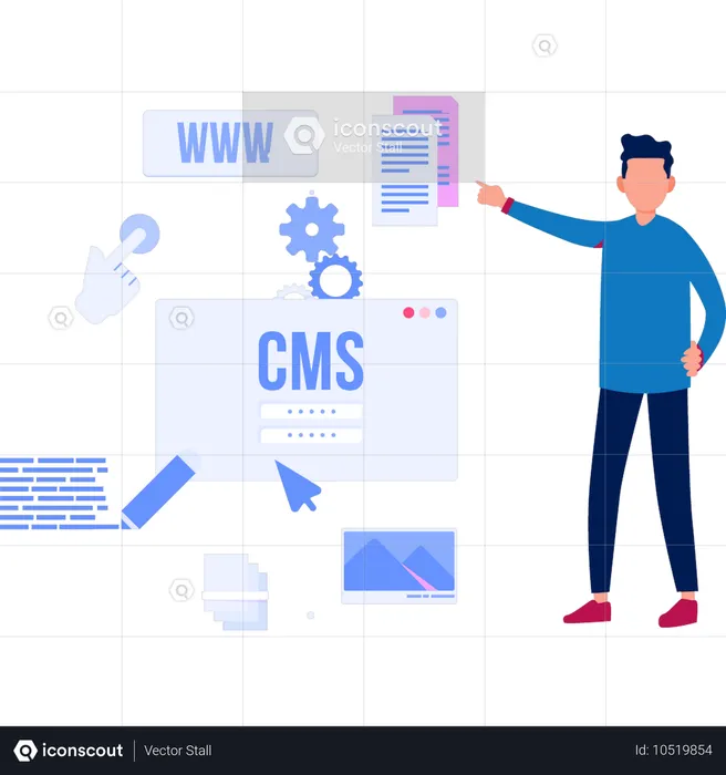 CMS 비밀번호를 가리키는 소년  일러스트레이션