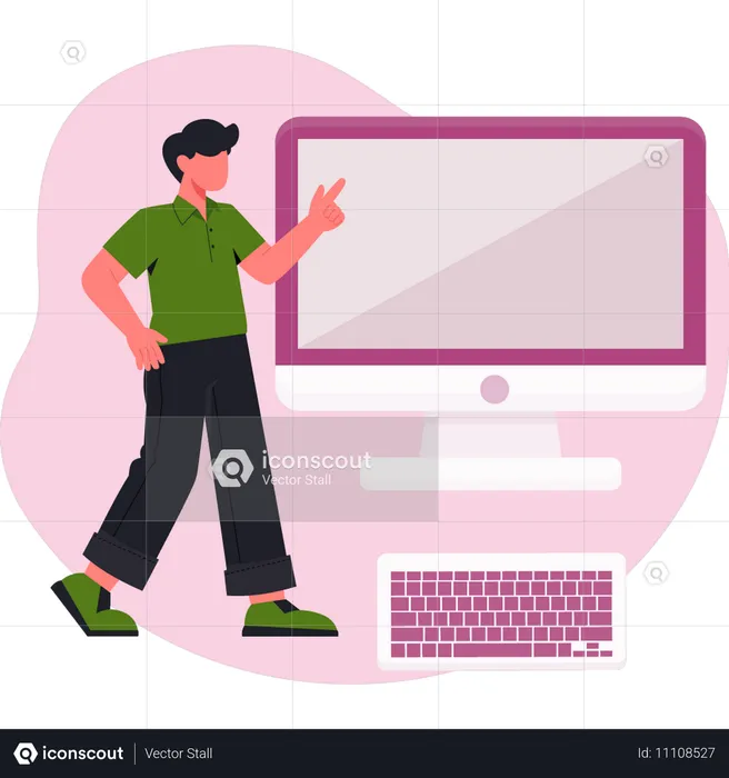 Boy pointing computing monitor  Illustration