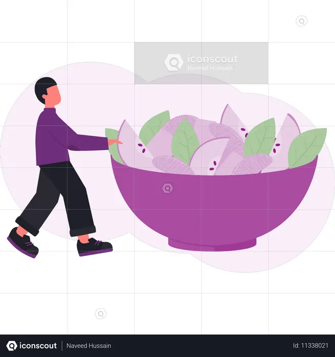 Boy  pointing fruits bowl  Illustration