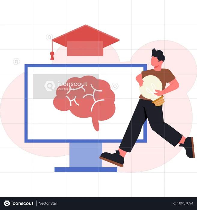 Boy pointing human brain on monitor  Illustration