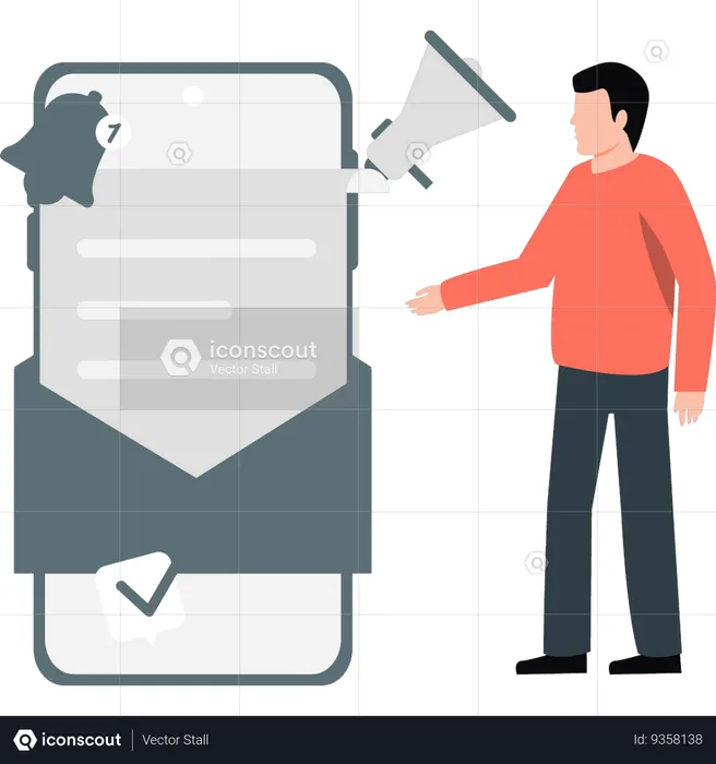 Boy pointing mobile notification  Illustration
