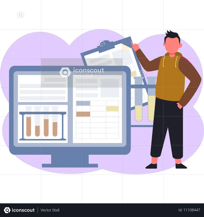 Boy pointing monitor learning book  Illustration