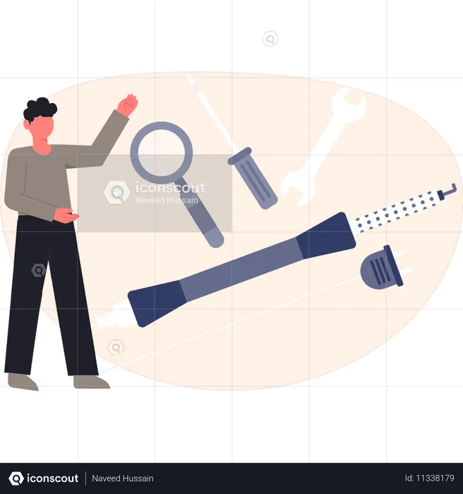 Boy  pointing repairing tool  Illustration