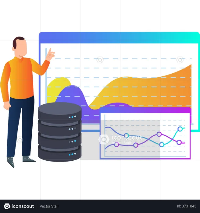 Boy pointing to business graph on server  Illustration