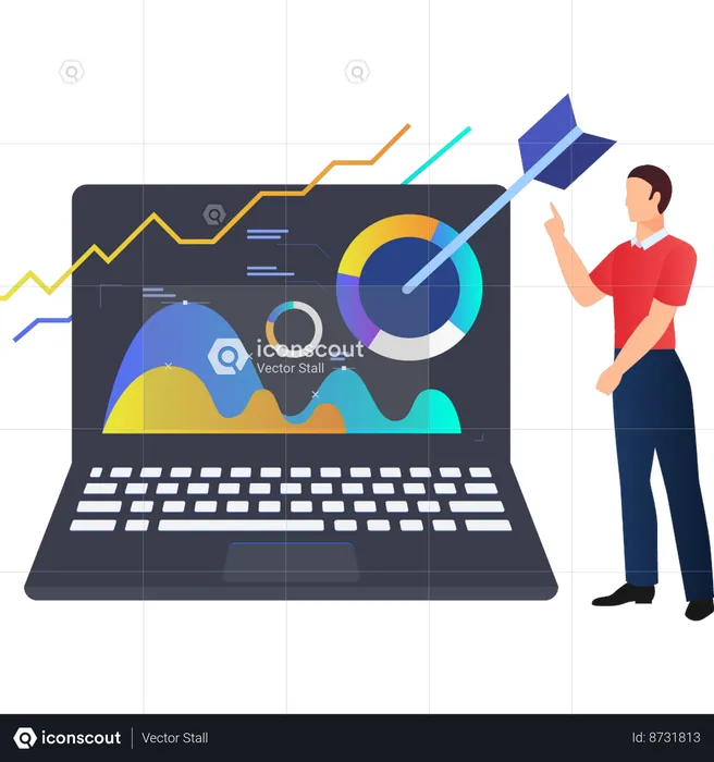 Boy pointing to different aspects of business graph  Illustration