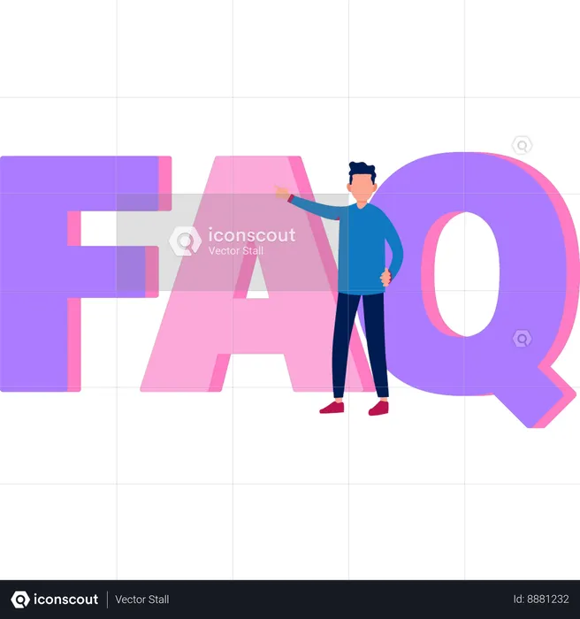 Boy pointing to FAQ sign  Illustration