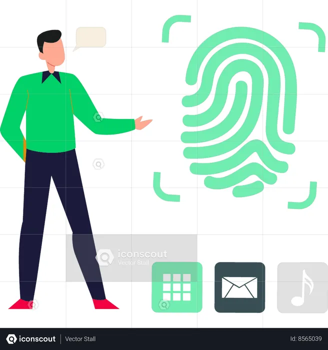 Boy pointing to fingerprint biometric security  Illustration