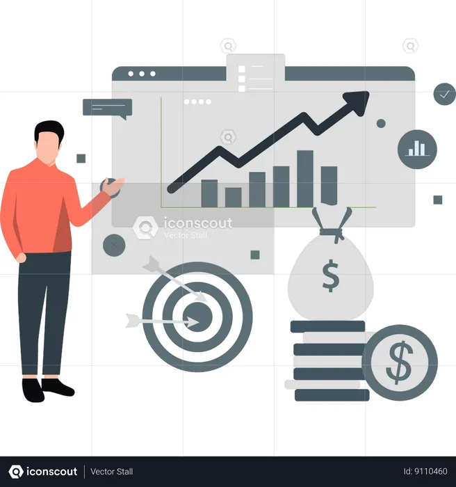 Boy pointing to growing graph on web page  Illustration