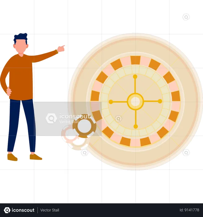 Boy pointing to roulette wheel  Illustration