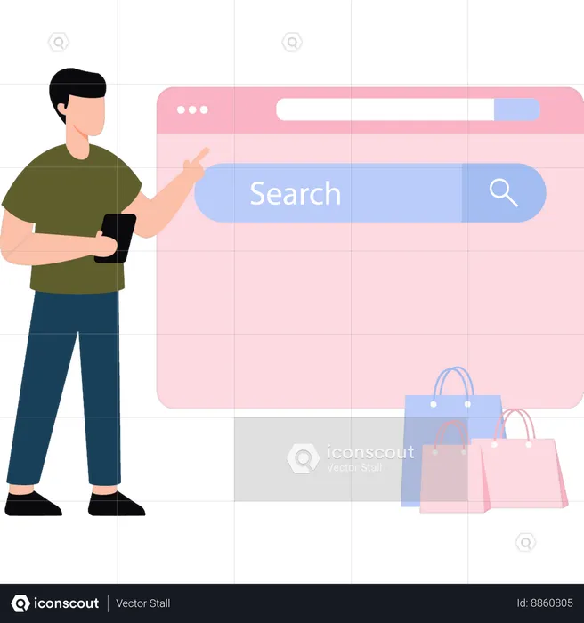 Boy pointing to search bar on web page  Illustration