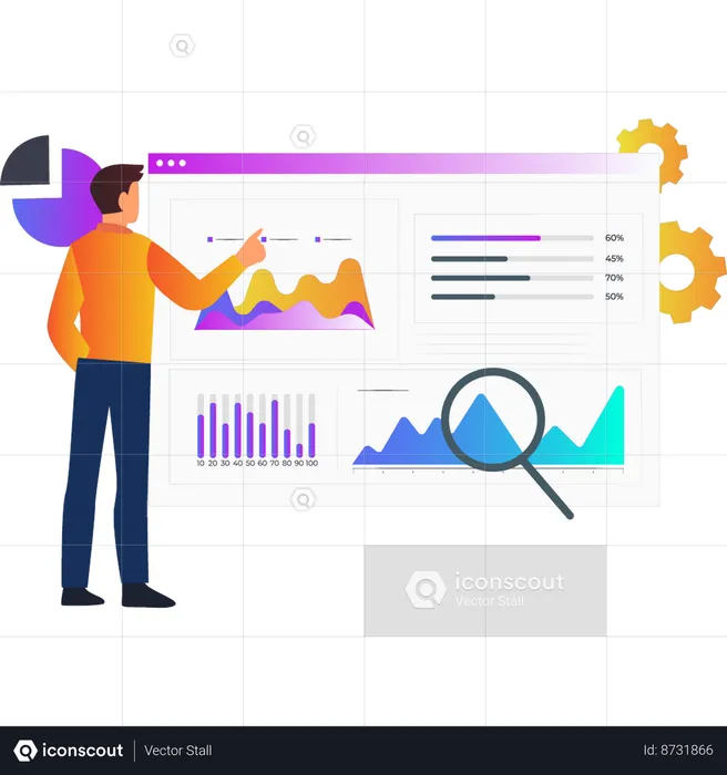Boy pointing to statistical graph on web page  Illustration