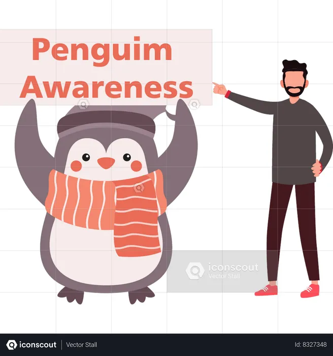 Boy pointing towards penguin awareness board  Illustration