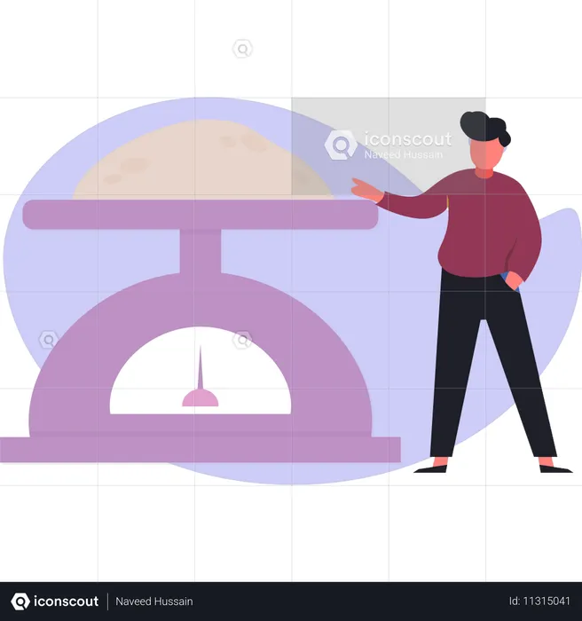 Boy  pointing weight scale  Illustration