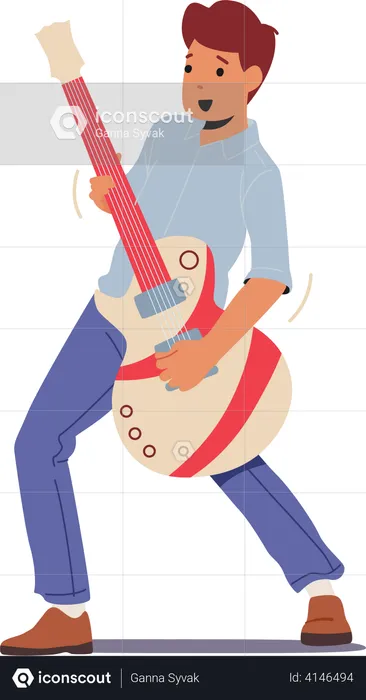 Boy Practicing Playing Electric Guitar  Illustration