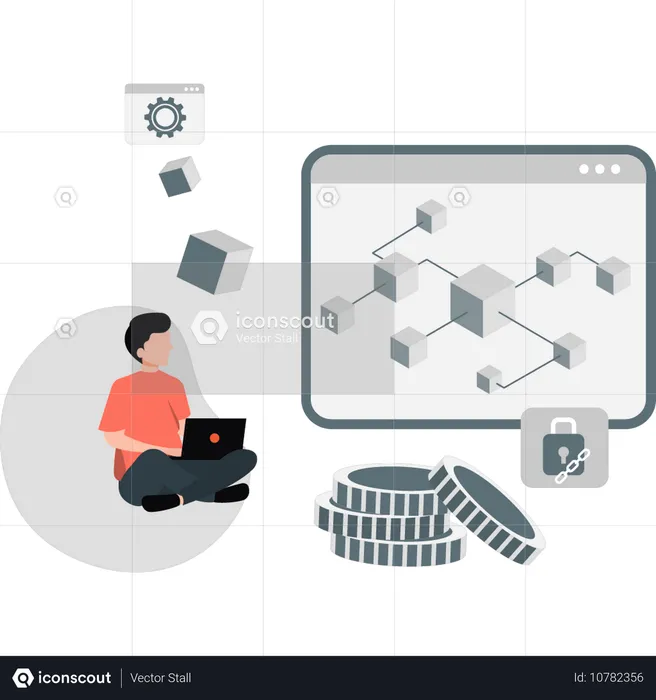 Boy presenting blockchain on webpage  Illustration