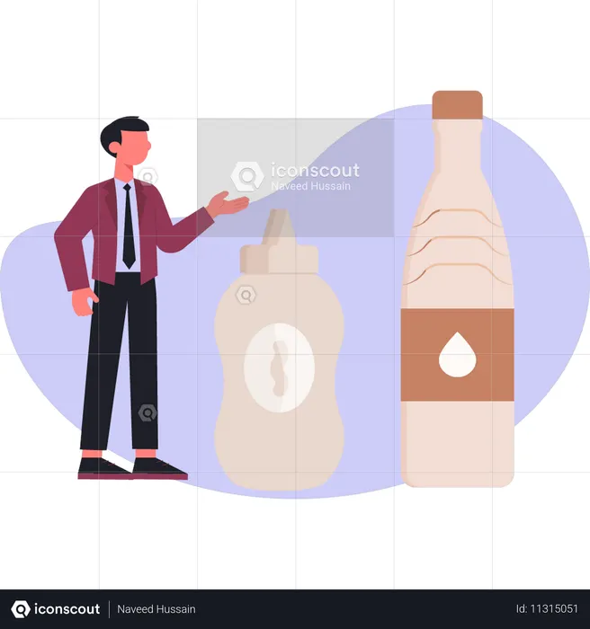 케첩병을 선물하는 소년  일러스트레이션