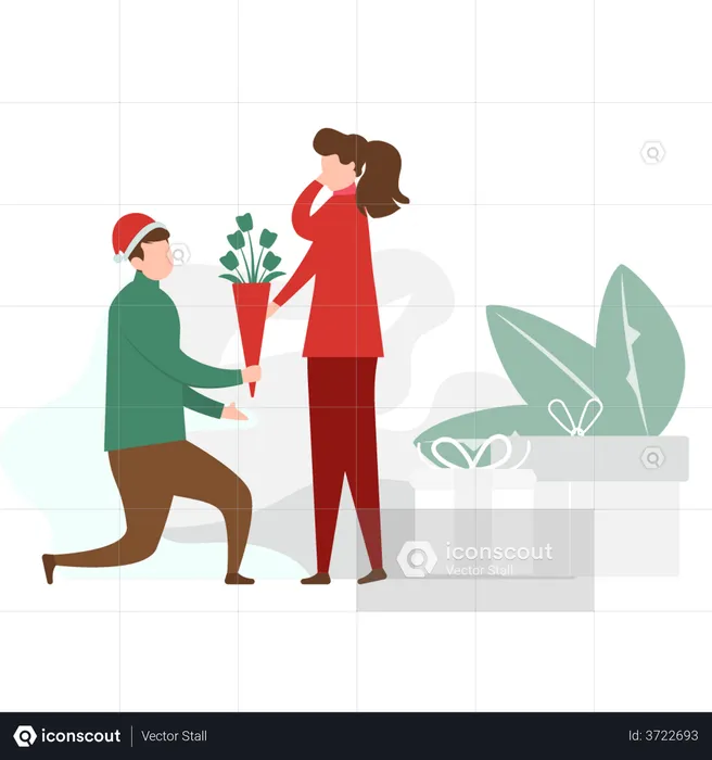 Boy proposing girl and giving flower bouquet  Illustration