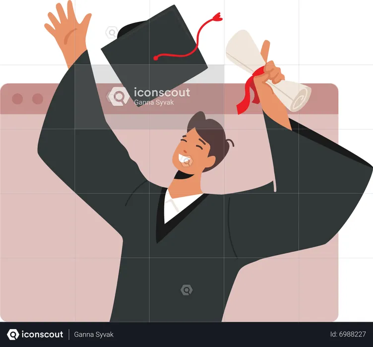 Boy Proudly Holding Diploma Degree and Throwing Hat  Illustration